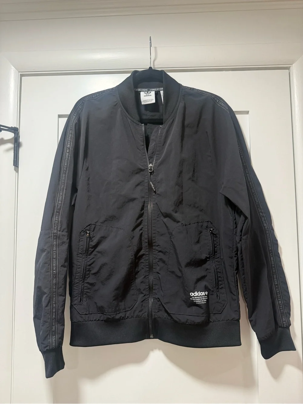 Vintage adidas Black Men's Bomber Jacket with Stripe Detail